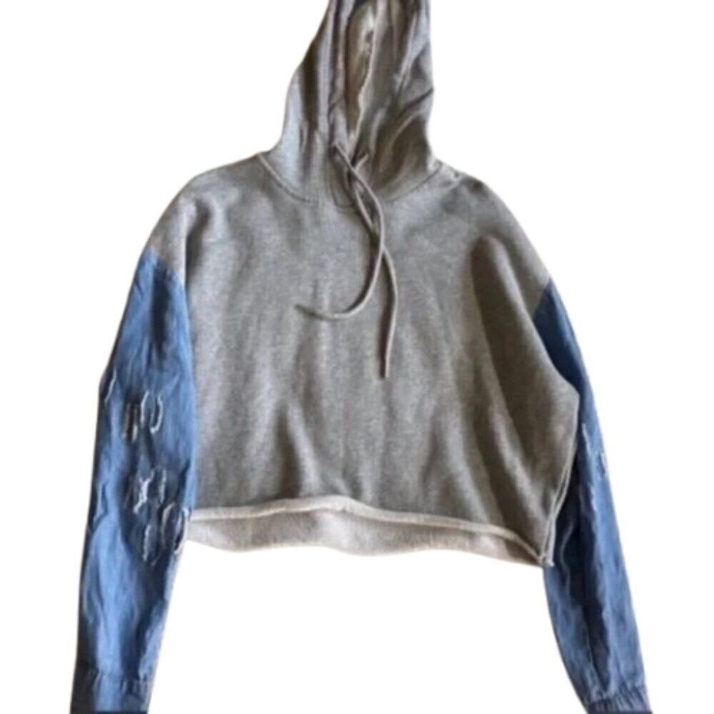 Kittenish Women's Cropped Hoodie Sweatshirt Distressed Sleeve size small